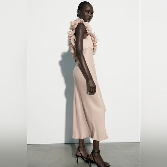 ZARA RUFFLED SATIN EFFECT DRESS LIGHT PINK - Picture 11 of 16